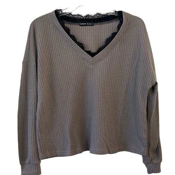 Waffle Long Sleeved Gray/Brown Shirt with Black Lace V Neck Small 🖤 GET IT FREE - Picture 1 of 7